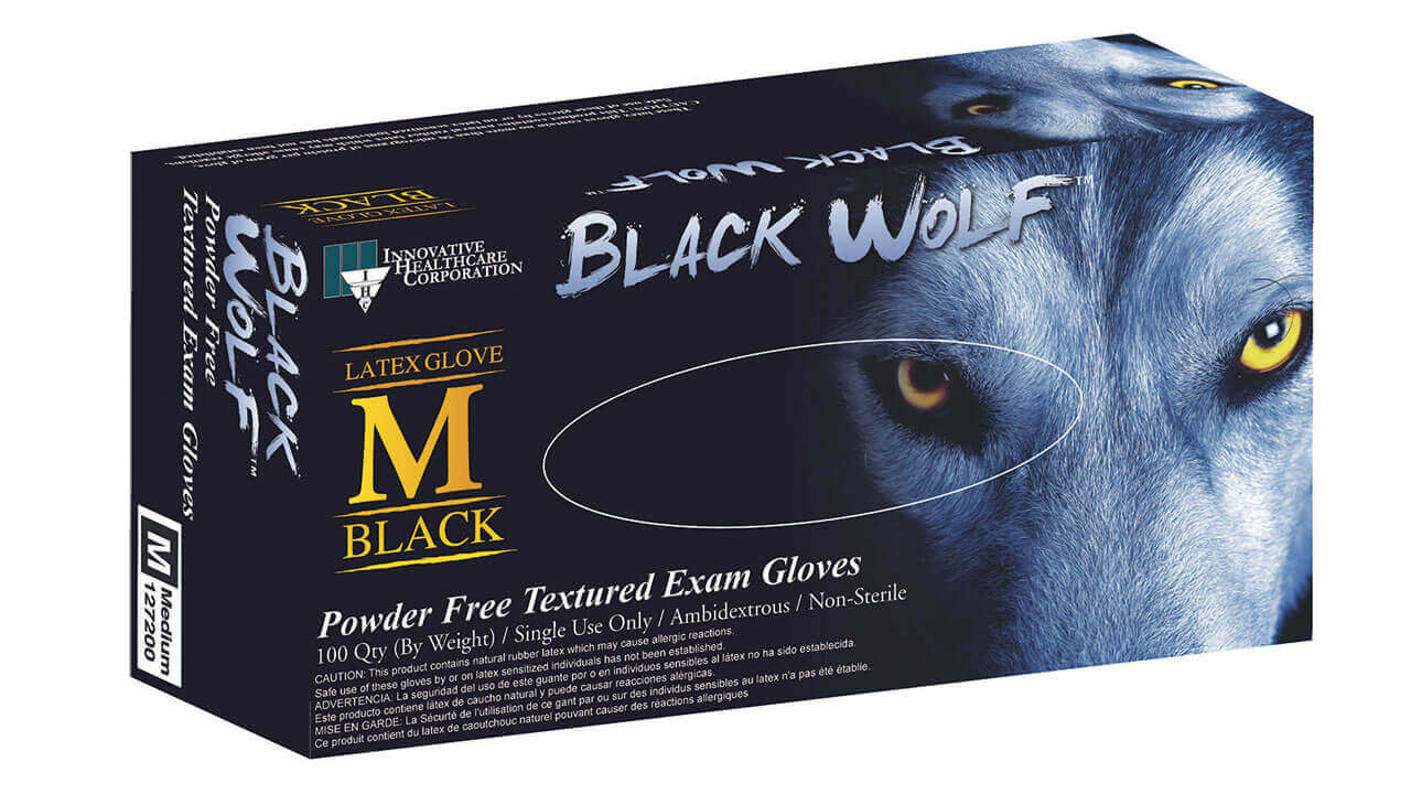 Black Latex Exam Gloves. Wolf Premium Powder Free Exam Gloves