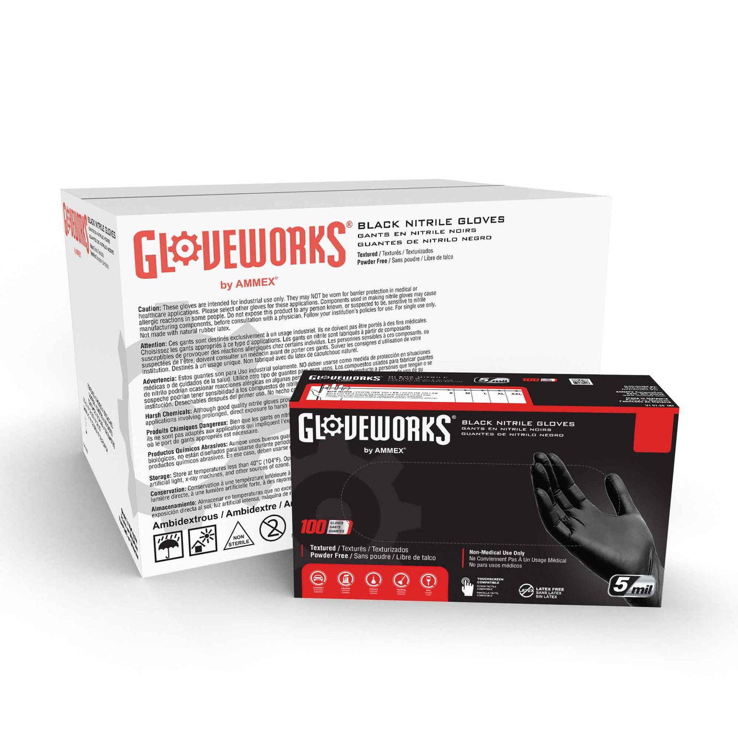 GloveWorks® GPNB Black Nitrile Gloves, Fully Textured, Extra Thick by Ammex, 5-6 Mil, Powder Free, Sold By the Case. Free Shipping!