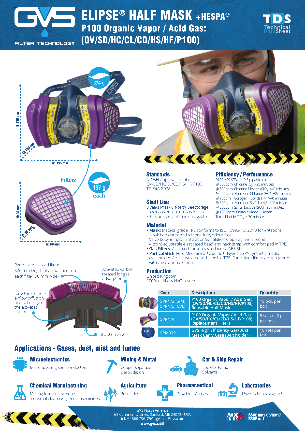 GVS Elipse SPR472 & SPR473 OV+AG/P100 Respirator with Replaceable Filters