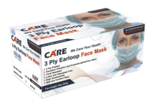 Care Plus 3 Ply Ear Loop Face Mask, 50 / Per Box