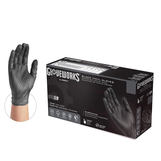 GloveWorks Black Vinyl Industrial Gloves, Powder Free  by Ammex, 3 Mil. Sold by the Case, Free Shipping!