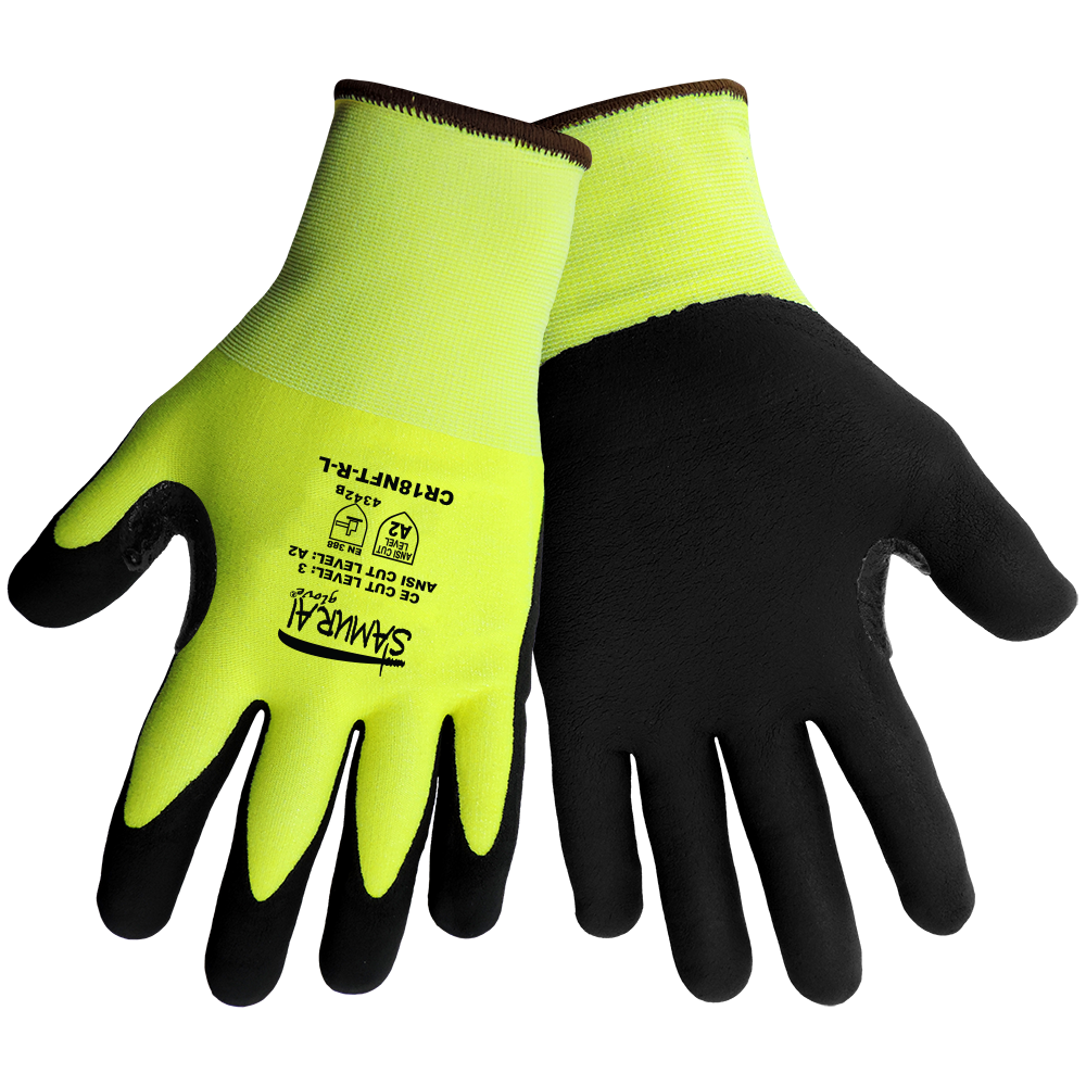 Samurai CR18NFT Hi-Vis Yellow Cut Resistant Nitrile Grip Glove, ANSI Cut  Level A2