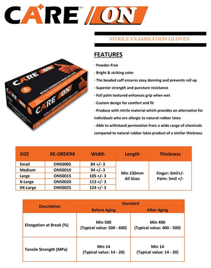 Orange Nitrile Gloves, Exam Grade, Care On, 6.0 Mil  Powder Free