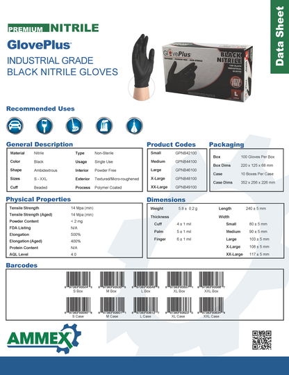 GloveWorks® Black Nitrile Gloves, Fully Textured, Extra Thick GPNB by Ammex, 5-6 Mil, Powder Free.