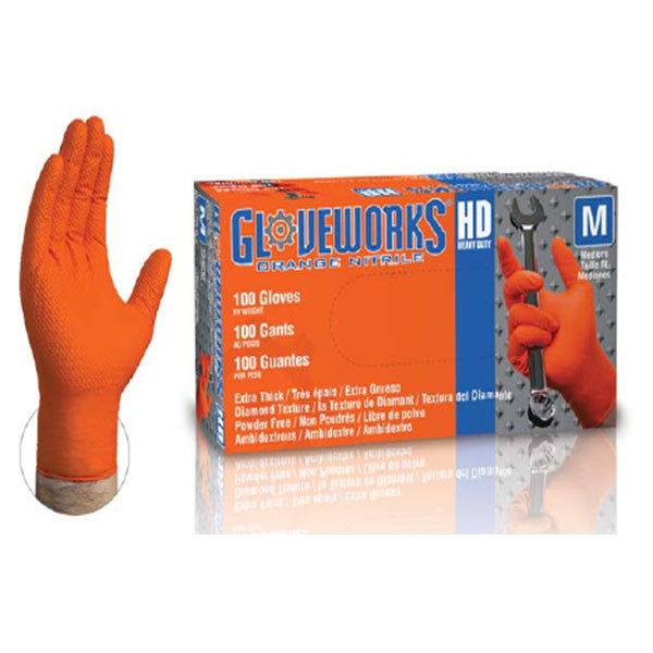 Orange Nitrile Gloves, GloveWorks GWON HD 8 Mil Industrial Grade, Powder Free, 100 Gloves/Box. Free Shipping!